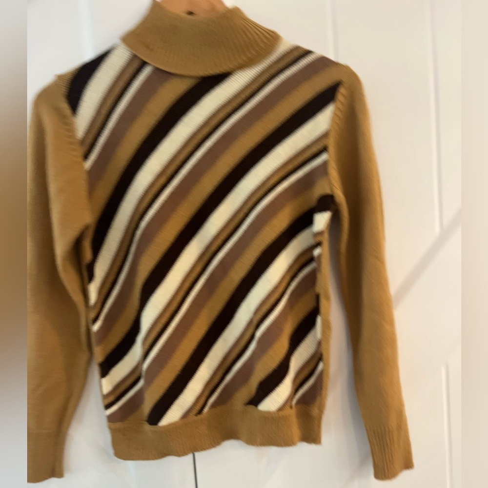 Tan and Brown Cowl Neck Sweater with Bold Stripes